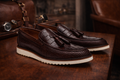 Men’s Brown Leather Croc-Pattern Tassel Loafers – Premium Statement Collection