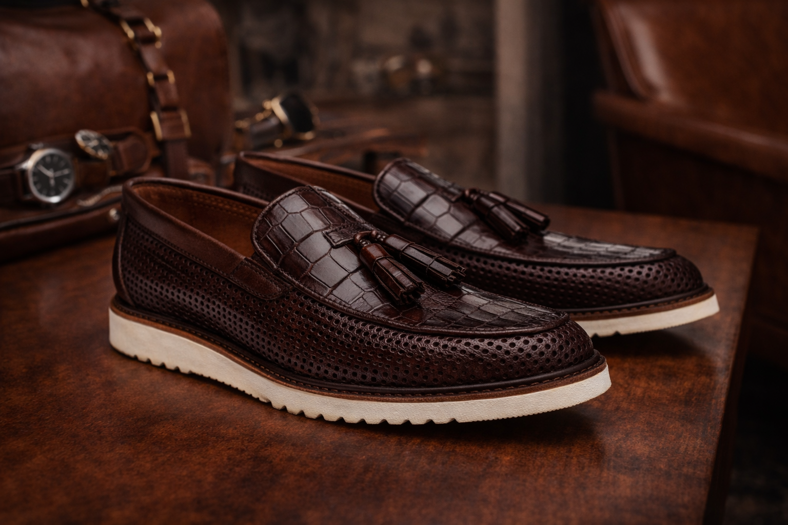 Men’s Brown Leather Croc-Pattern Tassel Loafers – Premium Statement Collection