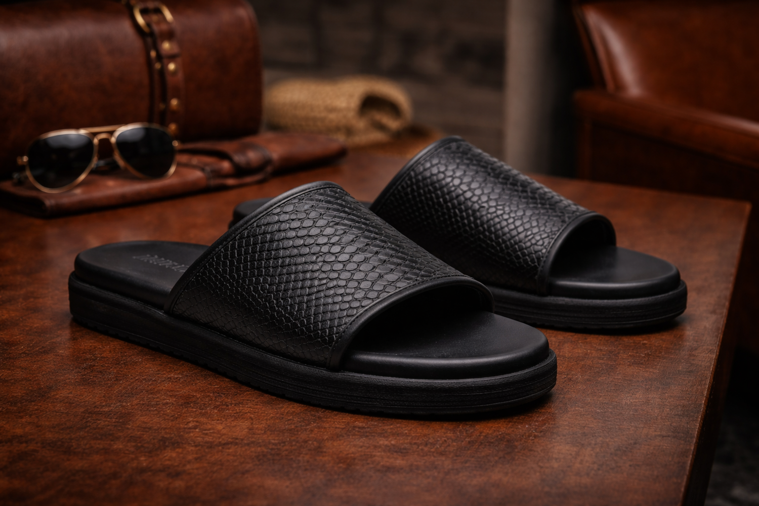 Men’s Black Textured Leather Slides – Ultra Lightweight Comfort Collection