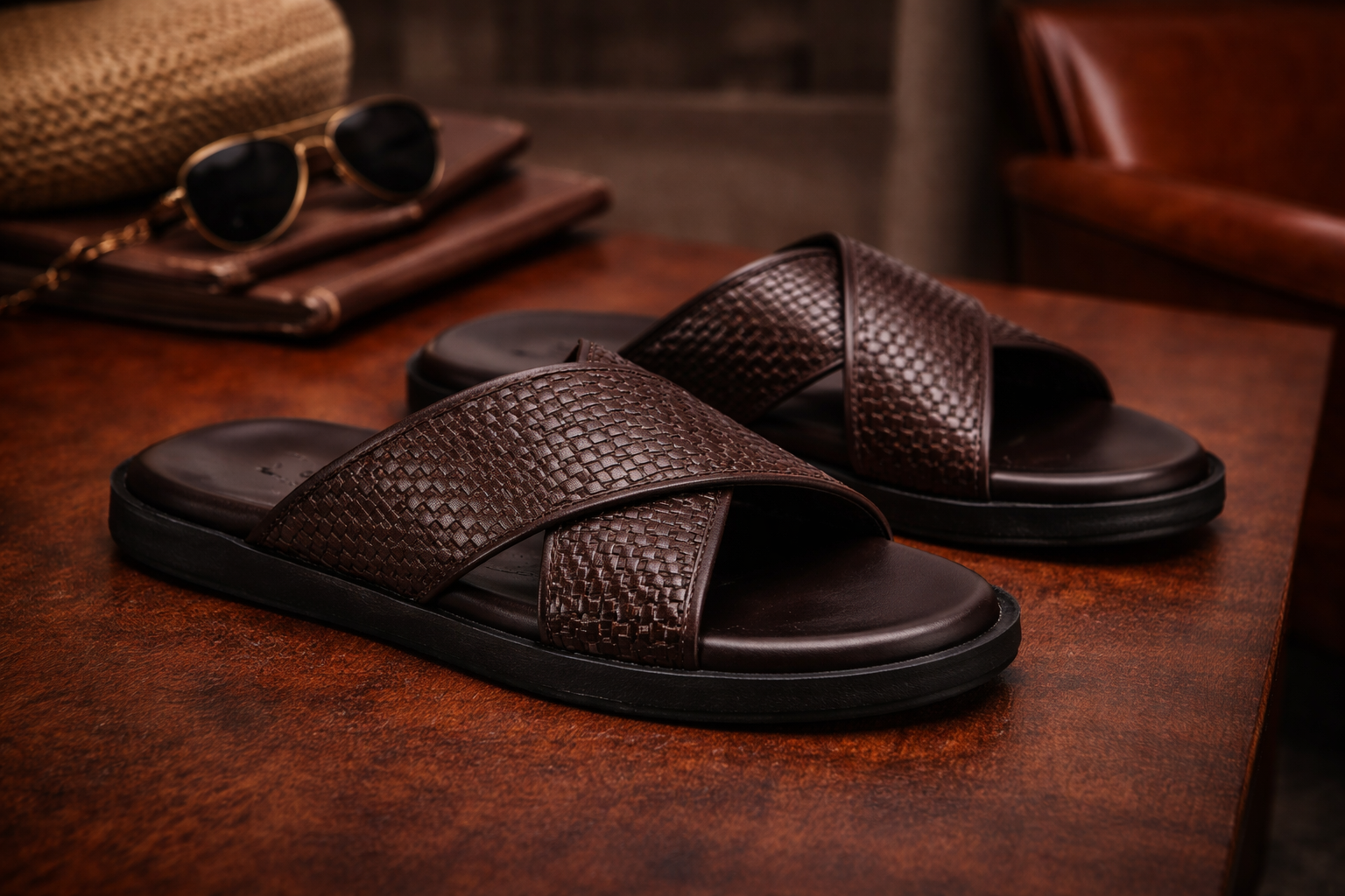 Men’s Brown Leather Cross-Strap Slides – Casual Comfort Collection