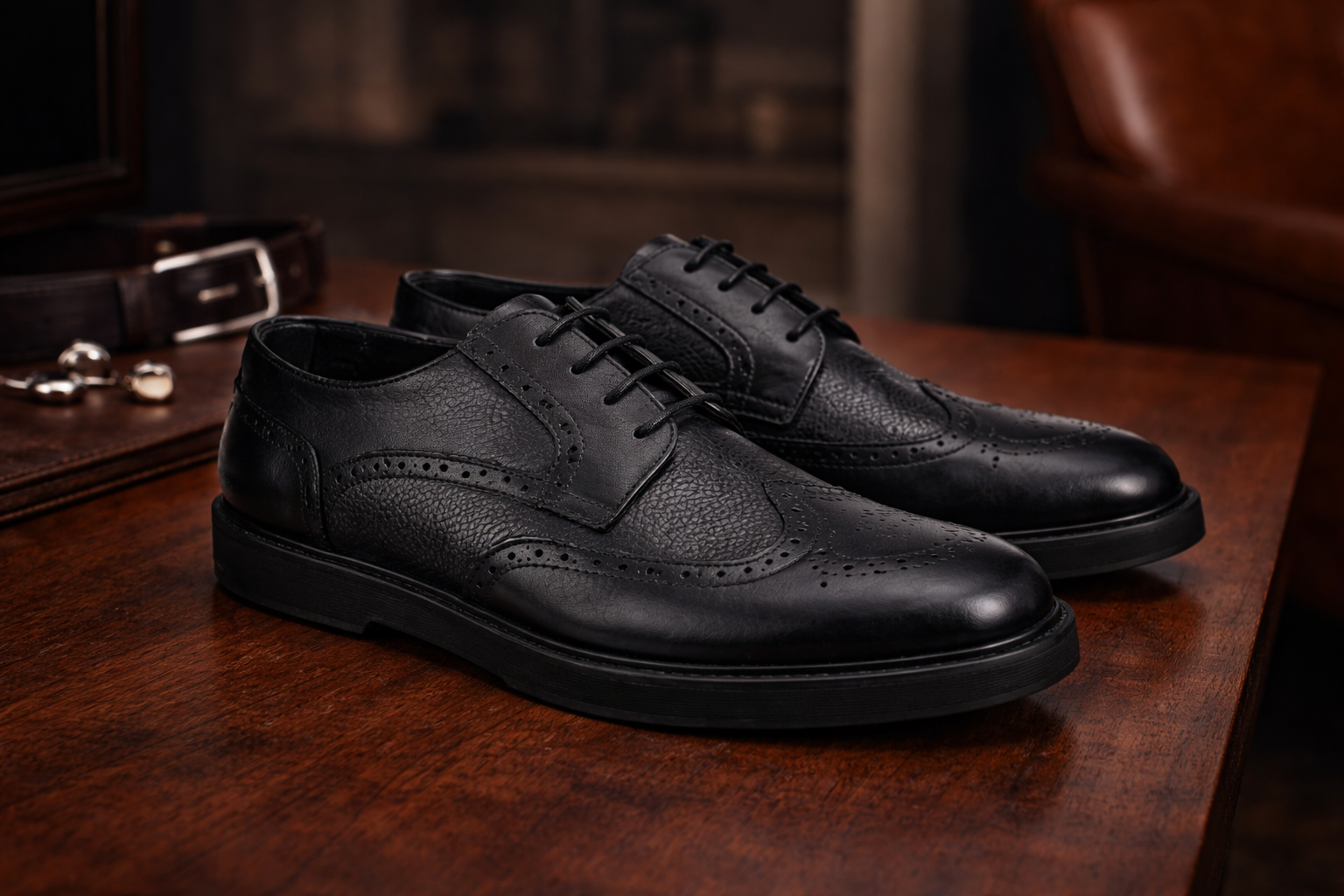 Men’s Black Leather Brogue Casual Shoes – Smart Everyday Collection