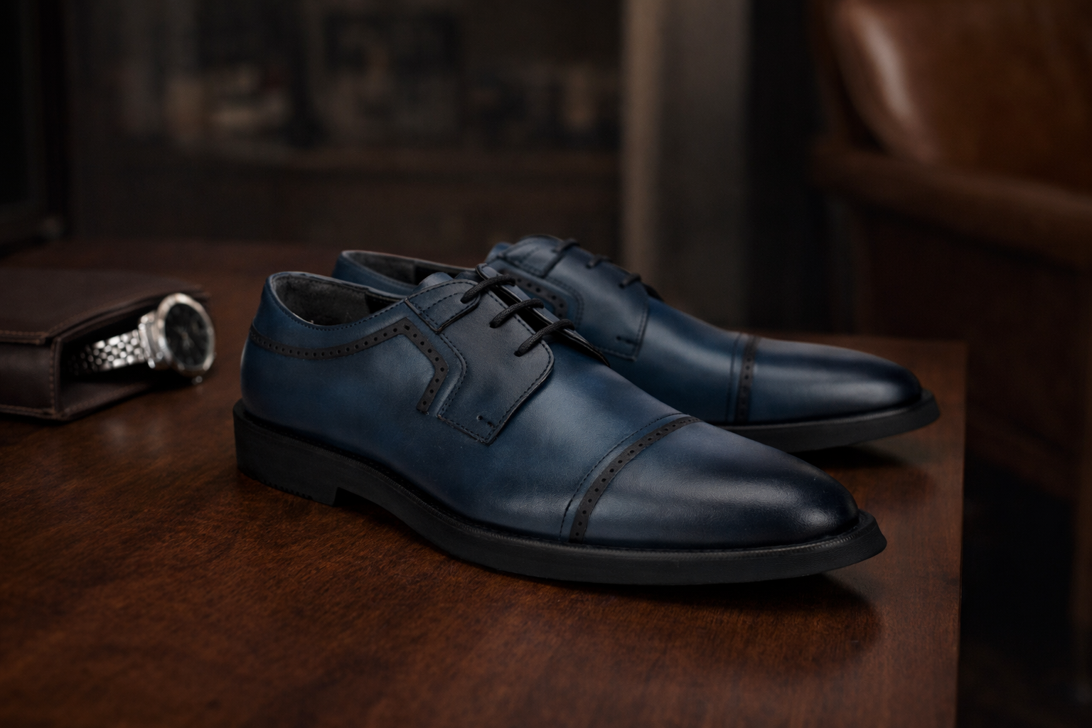 Men’s Navy Leather Oxford Shoes – Classic Lightweight Formal Collection