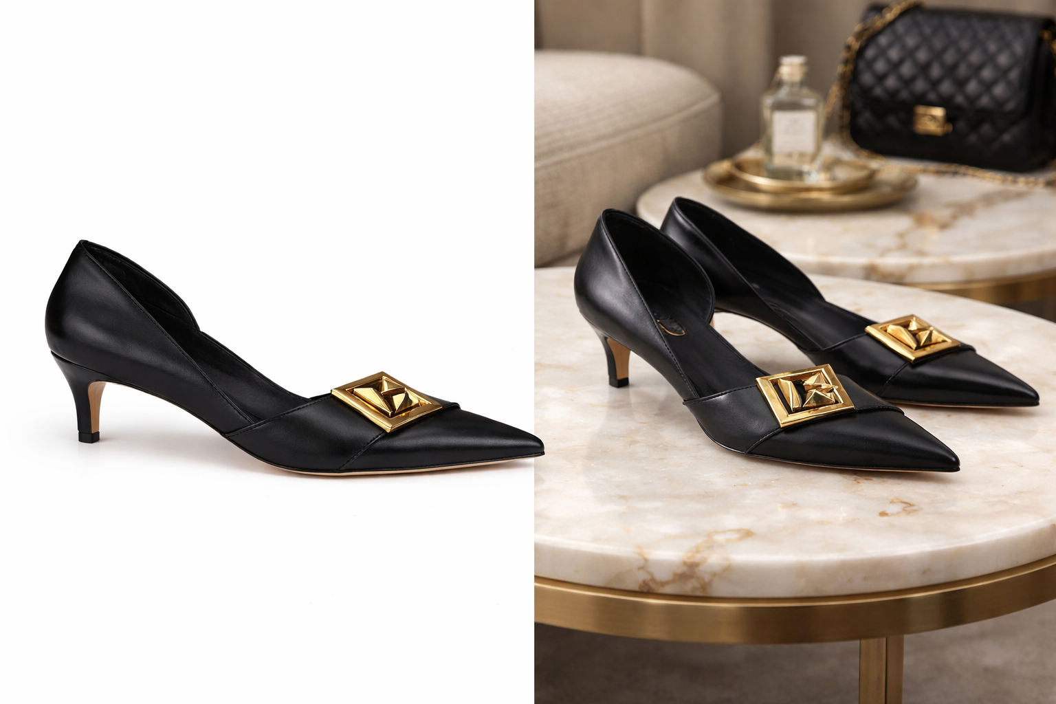 Classic Black Leather Stiletto Heels with Gold Buckle – Women’s Collection