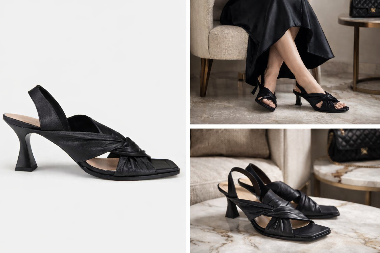 Elegant Leather Open-Back Heeled Sandals – Women’s Collection