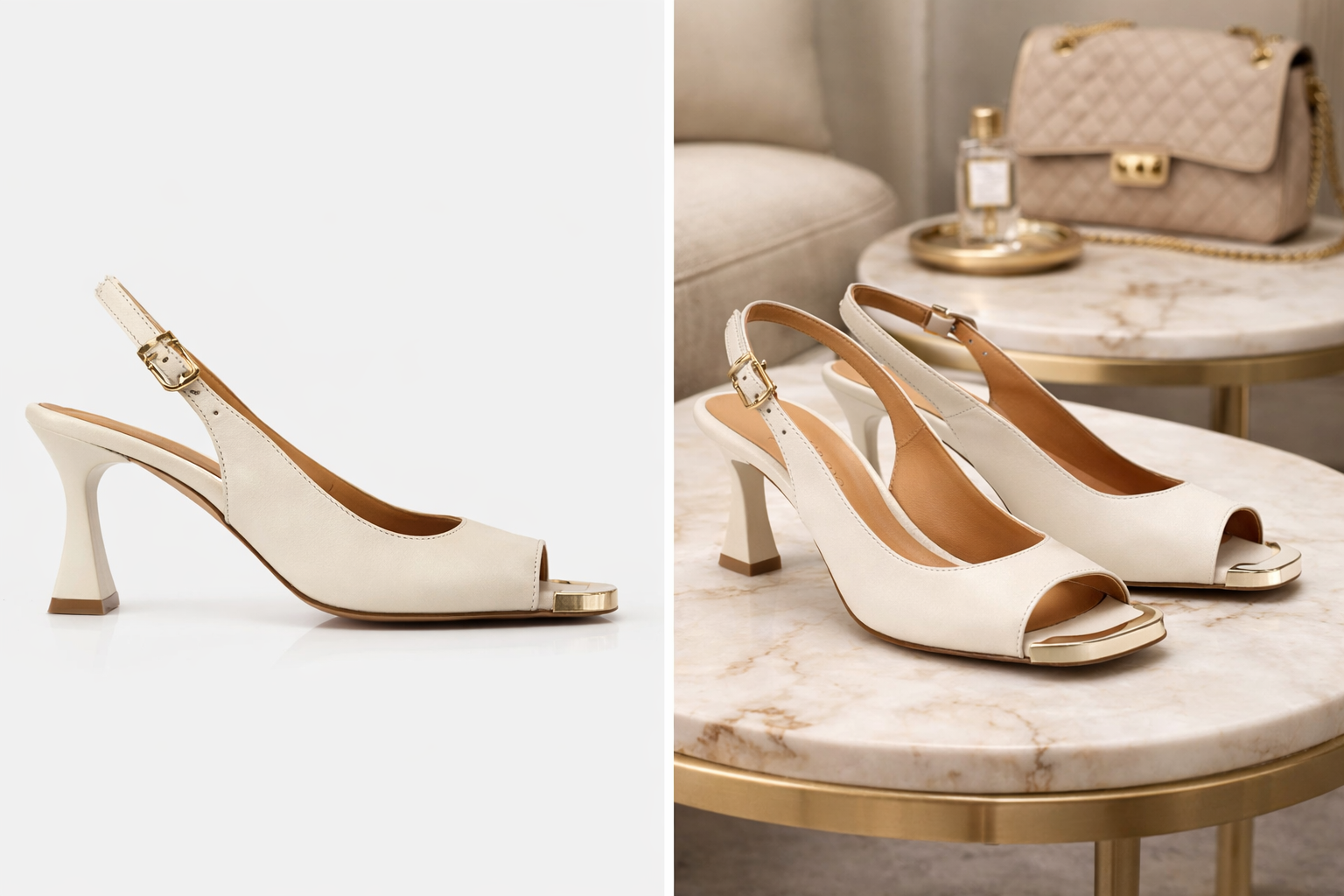 Elegant Off-White Leather Slingback Heeled Sandals – Women’s Collection