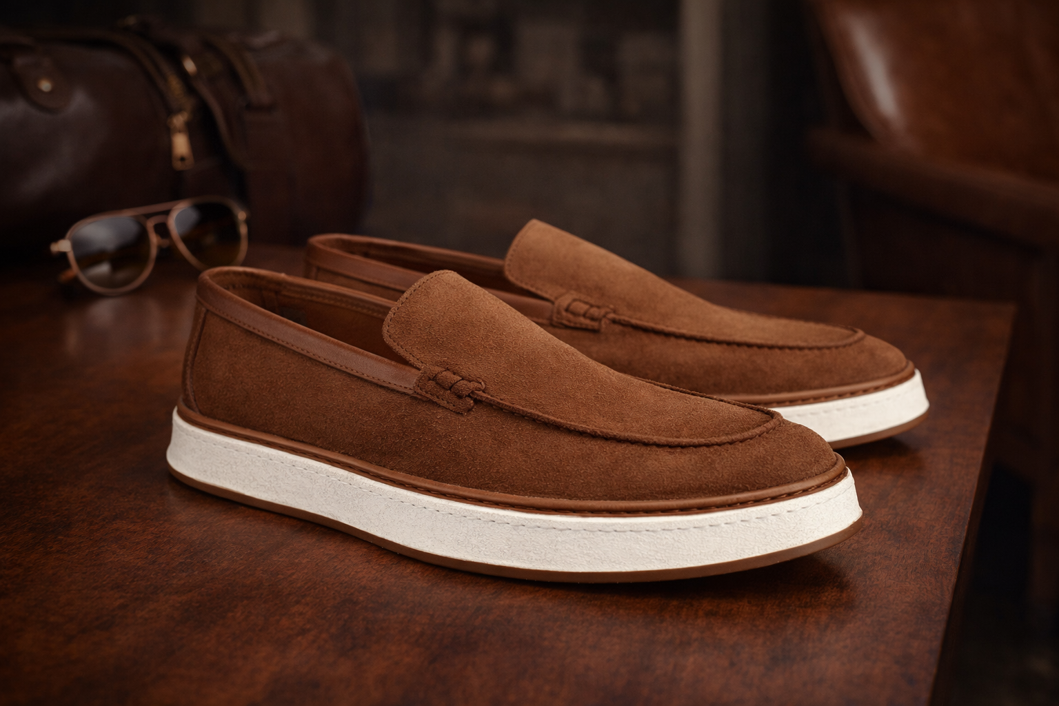 Men’s Tan Suede Leather Loafers – Chunky Sole Smart Casual Collection